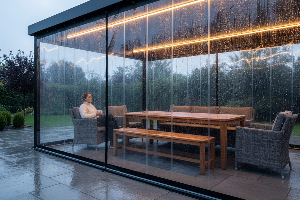 Przeźroczysta plandeka foliowa na taras, chroniąca przed deszczem. Kobieta siedzi w suchym wnętrzu, widok z boku.