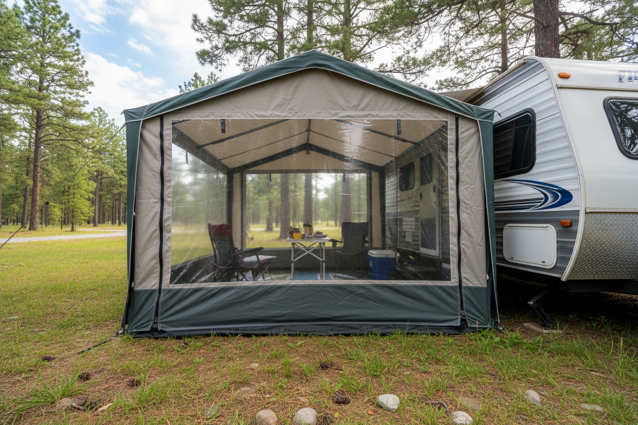 folia przeźroczysta zastosowana jako okno przedsionku przyczepy kampingowej lub campera