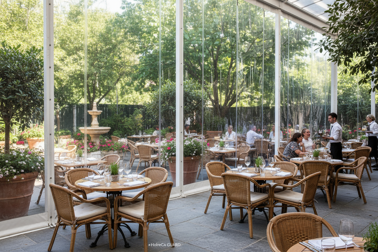 Folia przeźroczysta zastosowana jako w Branża HoReCa do tworzenia sezonowych ogródków letnich i osłon.