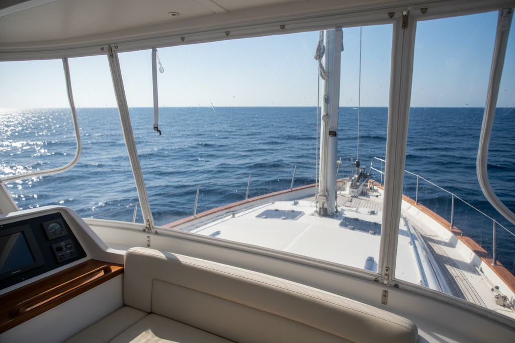 gruba folia przeźroczysta wykorzystana jako szyba w osłonie kabiny jachtu