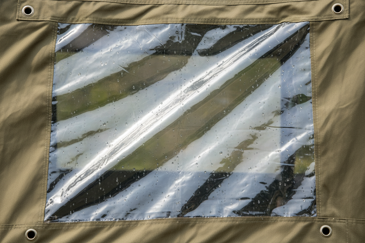 Przeźroczysta folia która jest wykorzystana jako okno namiotu 