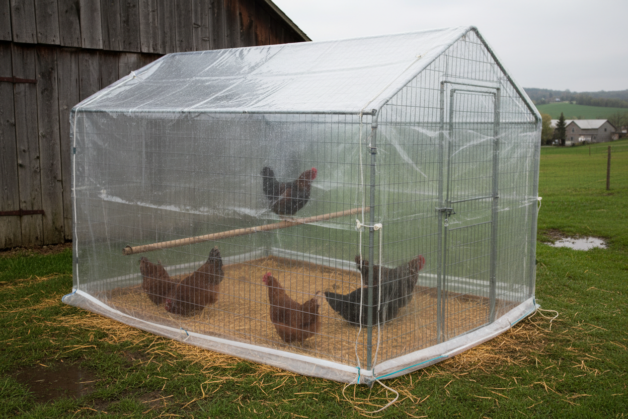 Przeźroczysta folia wykorzystana jako osłona dla hodowli np. kur zabezpieczenie kurnika który jest klatką, klatka okryta jest folia 